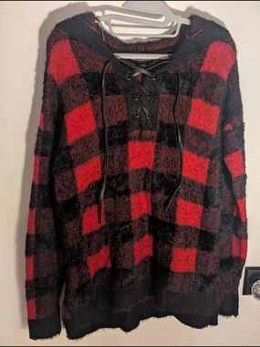 Rock & Republic Red and Black Plaid Lace-Up Cowl Sweater
